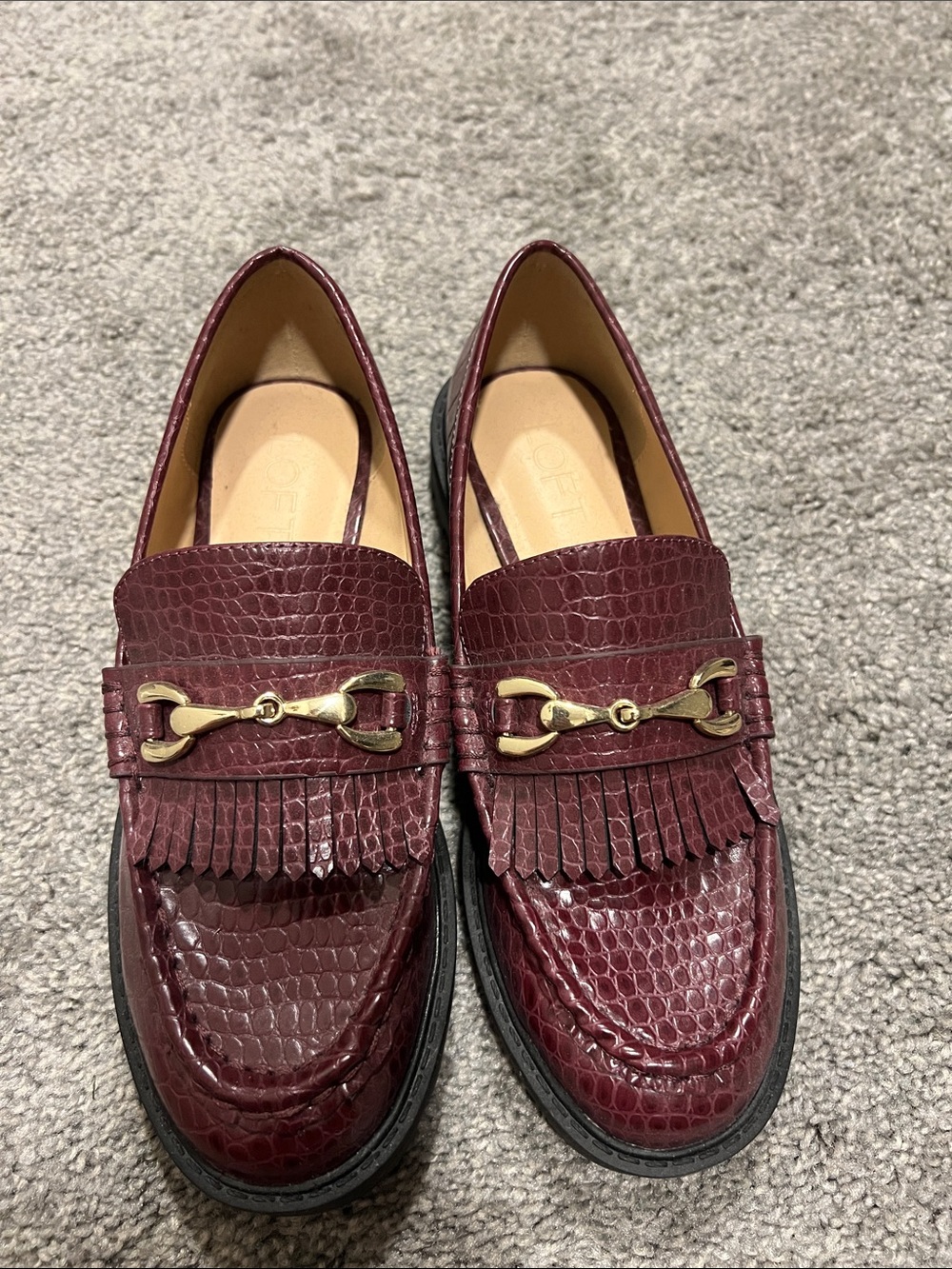 LOFT Burgundy Croc-Embossed Fringe Loafers with Gold Bit